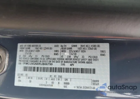 2024 Ford Escape Active z USA, uszkodzony, nr VIN 1FMCU9GN8RUB06799